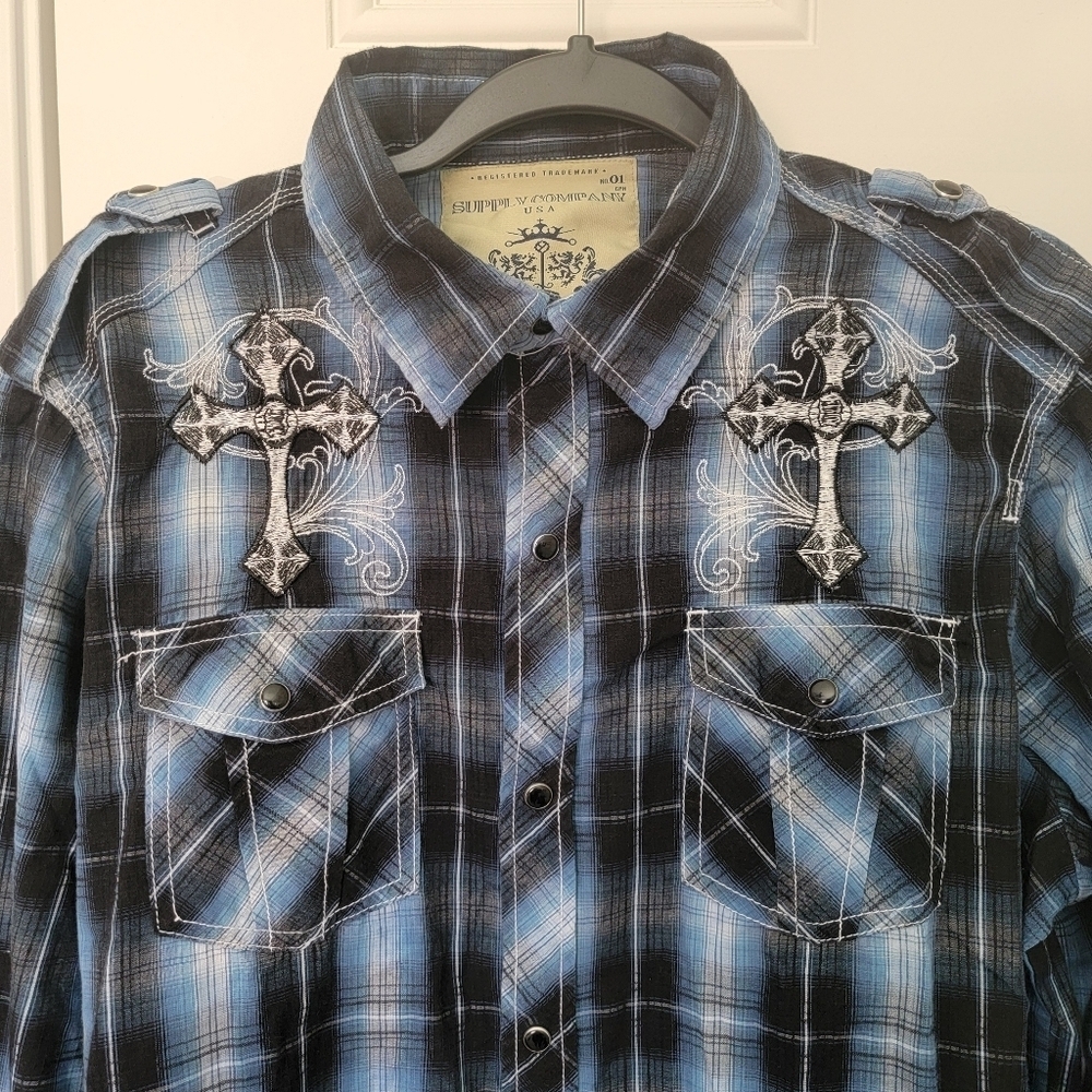 Supply Company USA Blue Plaid Affliction Style Black Pearl Snap Shirt Size L - Picture 2 of 12